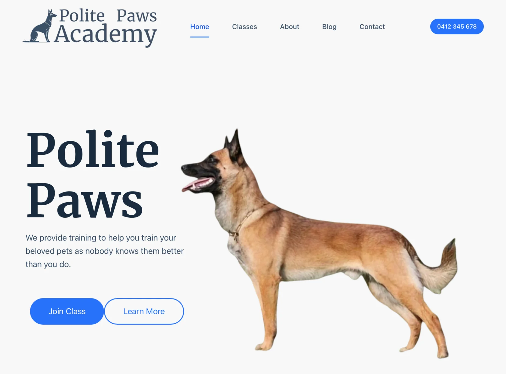 a screenshot of Polite Paws Academy home page